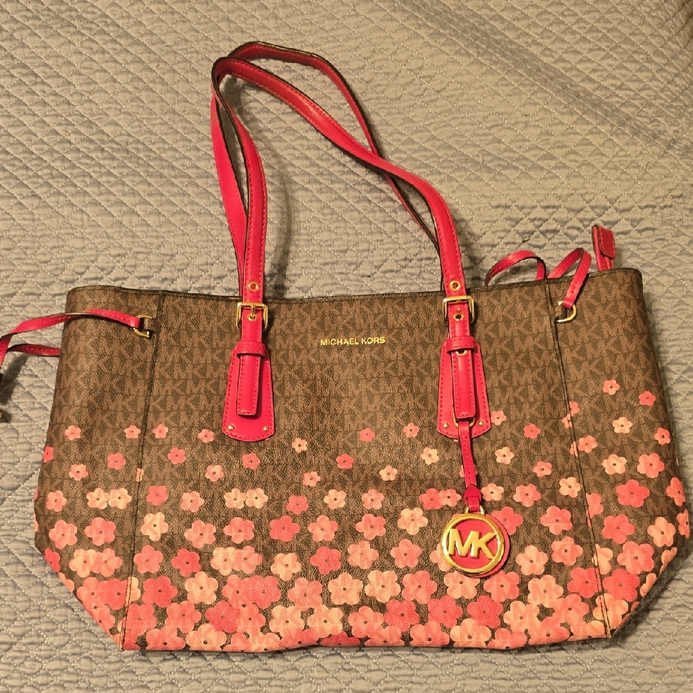 Michael Kors Brown Tote with Pink Cherry Bloosom Print With Original Storage Bag